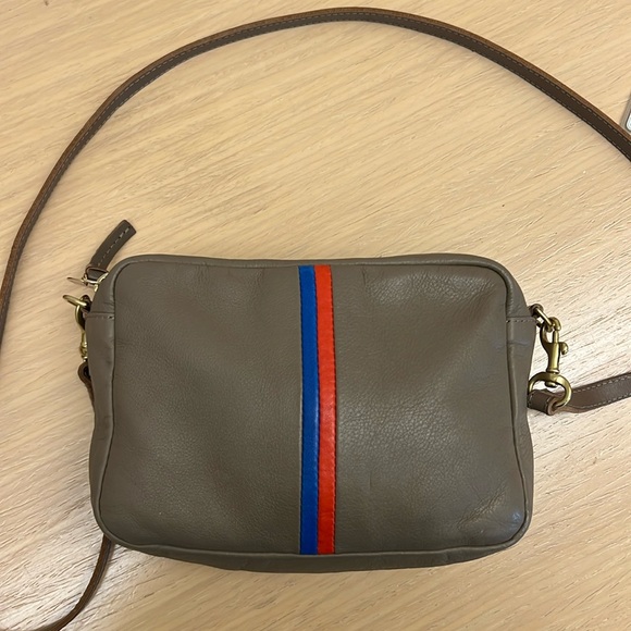 MIDI Sac | Clare V. Taupe Mousse with Cobalt and Poppy Napa Inlaid stripes - Picture 1 of 3